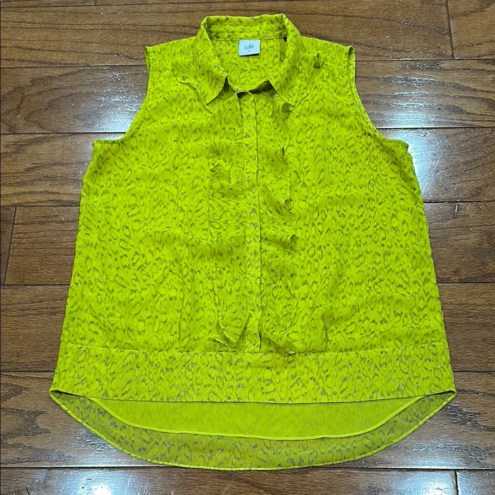 CAbi chartreuse Reign Button Down ruffle Blouse - Picture 2 of 8